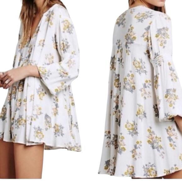 Free People White Gardenia Retro Print Swing Tunic Crepe Boho Dress Size Large - Picture 2 of 16